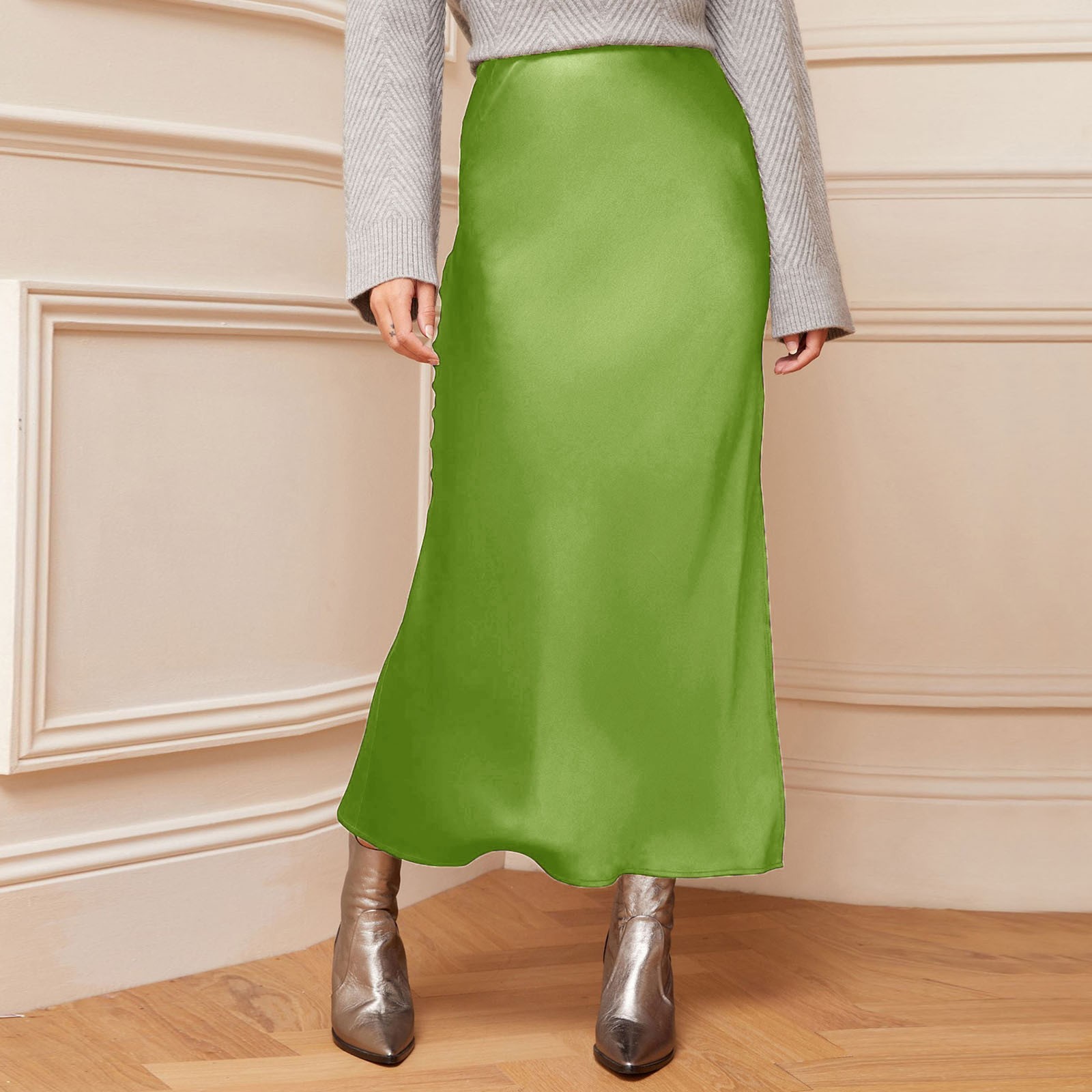 thumbnail image 2 of Falda corta de corte A y cintura alta para mujer - Elegante vestido de satén liso con cintura elástica para fiestas o para el día a día - Tallas S-XL, mezcla de poliéster, 2 of 5